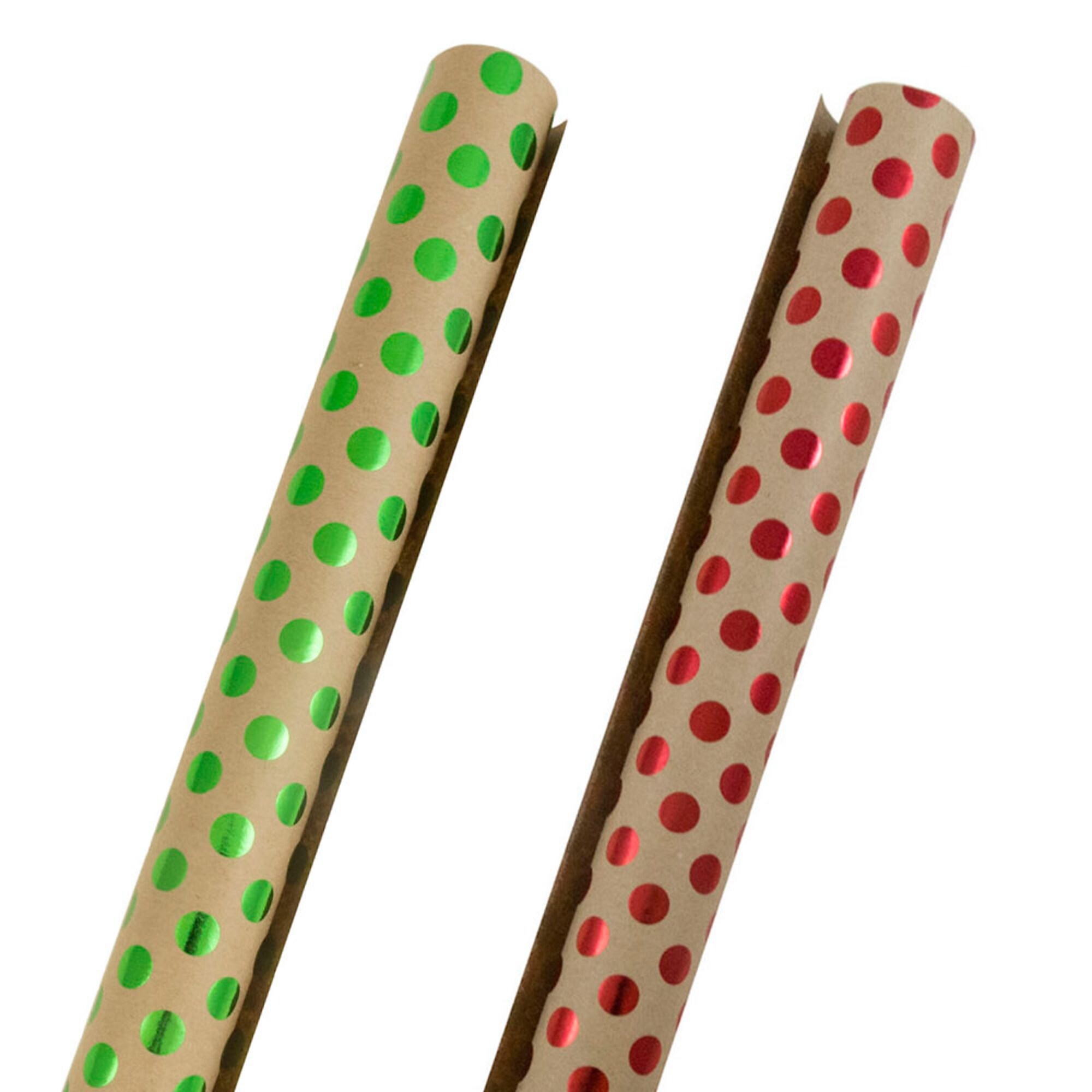 JAM Paper Kraft Wrapping Paper Rolls, Green Foil Dots and Red Foil Dots