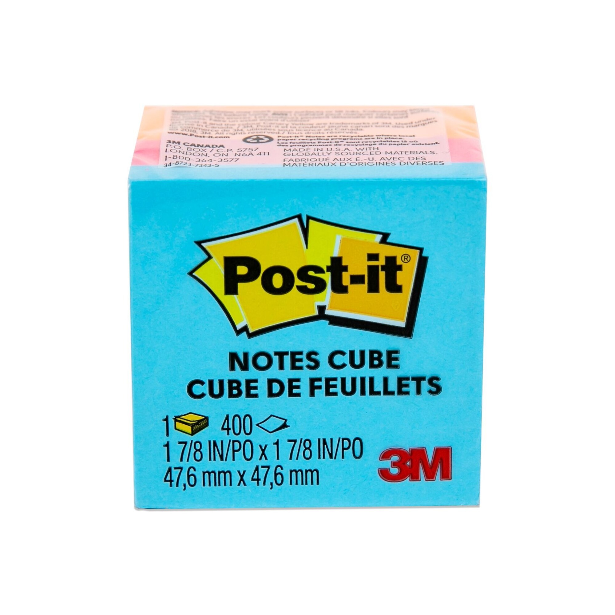 Postit Notes Cube, 2 in x 2 in, Assorted Bright Colors, 400 Sheets