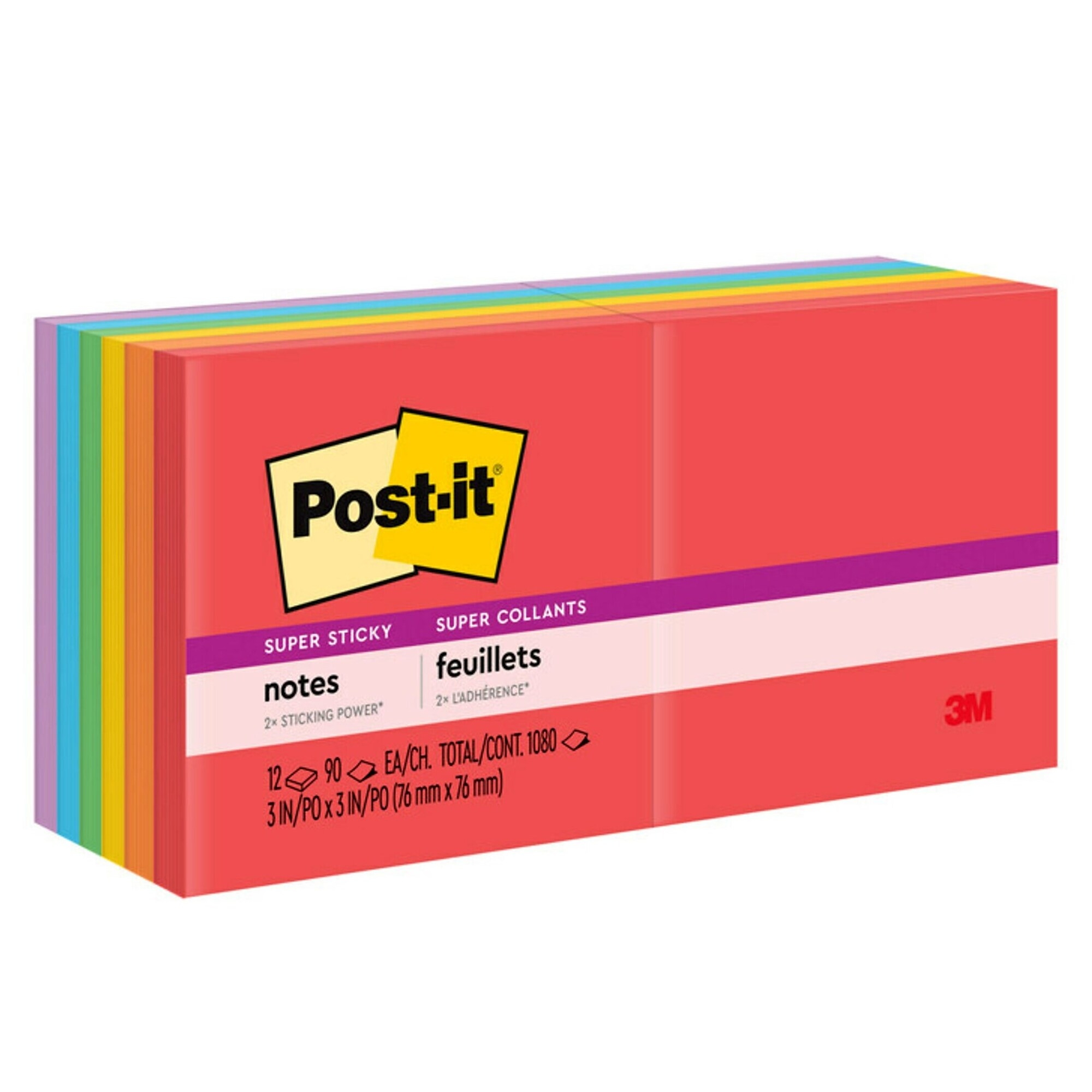 Postit Super Sticky Notes, 3 x 3, Playful Primaries Collection, 90