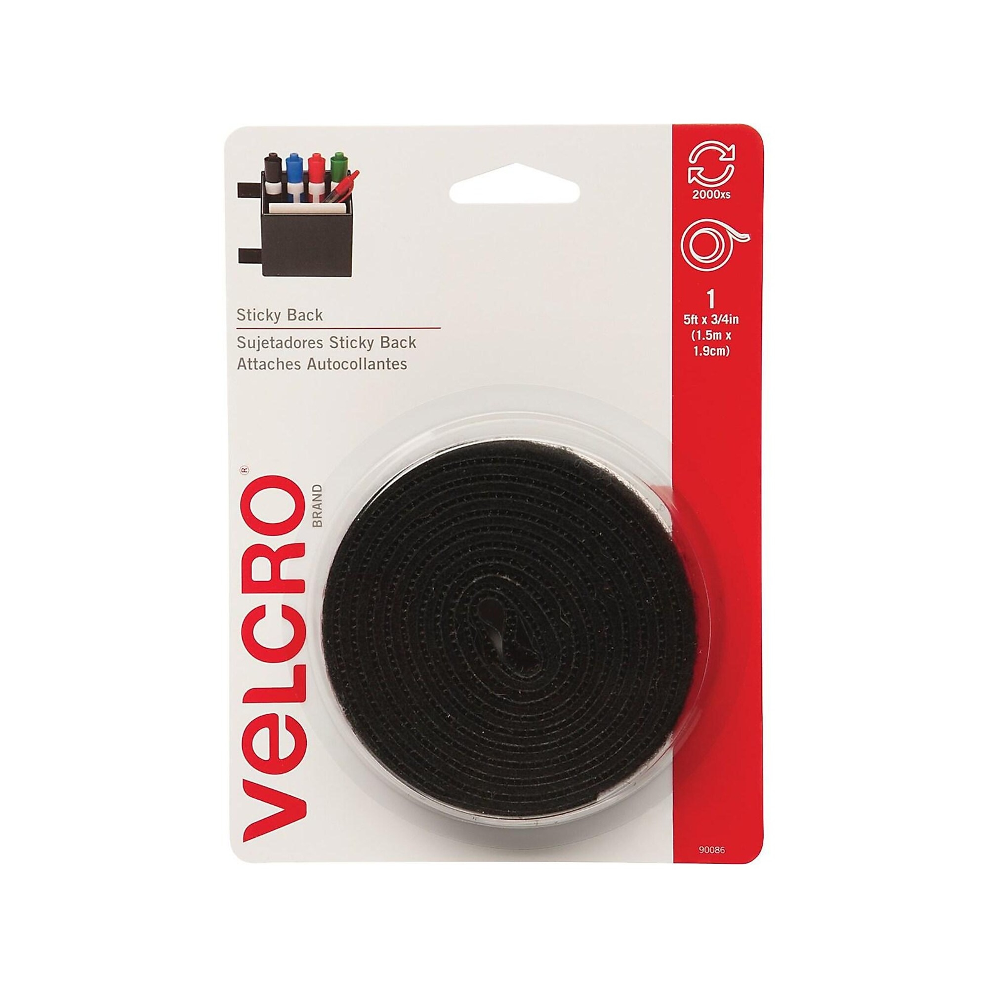 Velcro Brand 3/4 x 5 Sticky Back Hook & Loop Fastener Roll, Black ...