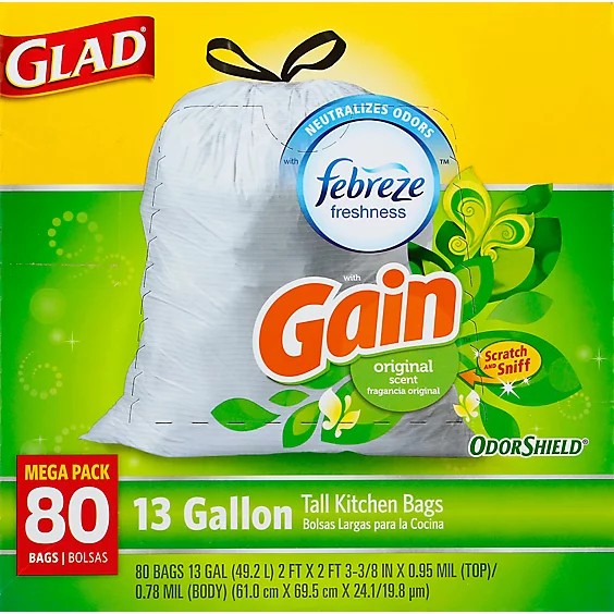 Glad Tall Kitchen Drawstring Trash Bags Gain Febreze Freshness 13 Gallon  150 Ct