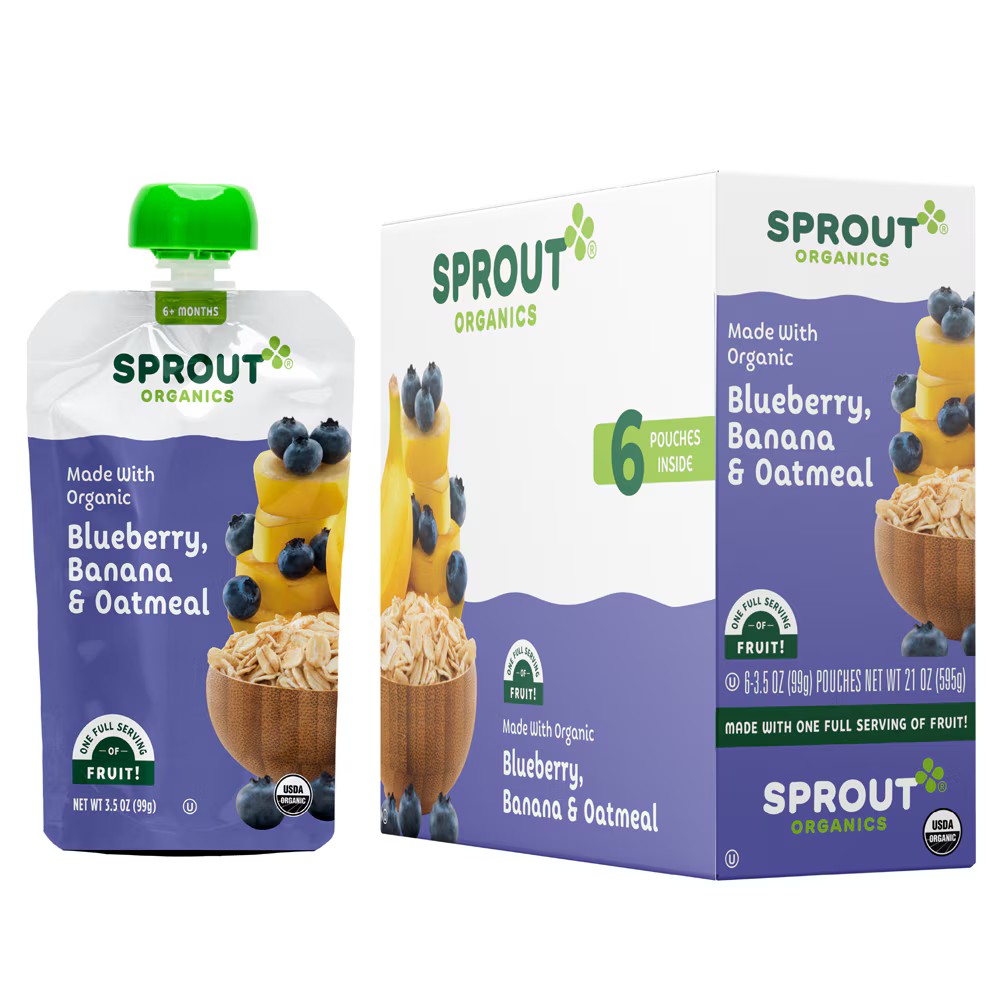 Sprout Organic Baby Food Oatmeal 6+ Months Blueberry Banana 6 Pouches ...