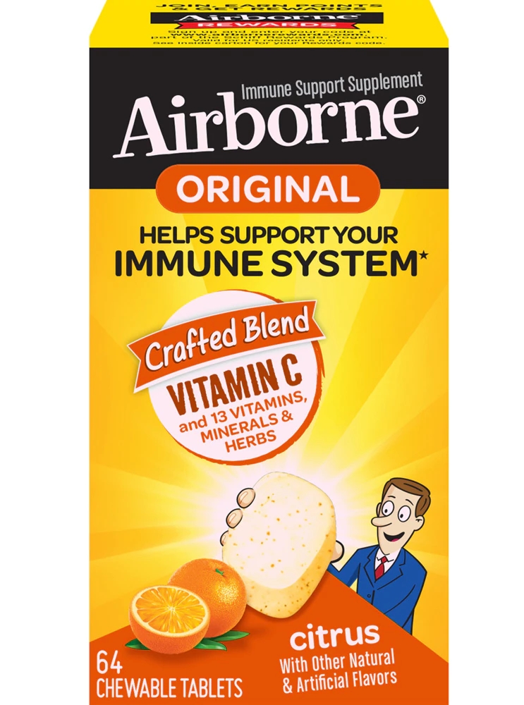 Airborne Chewable Tablets Citrus Vitamin C & E Zinc Immune Support 64 ...