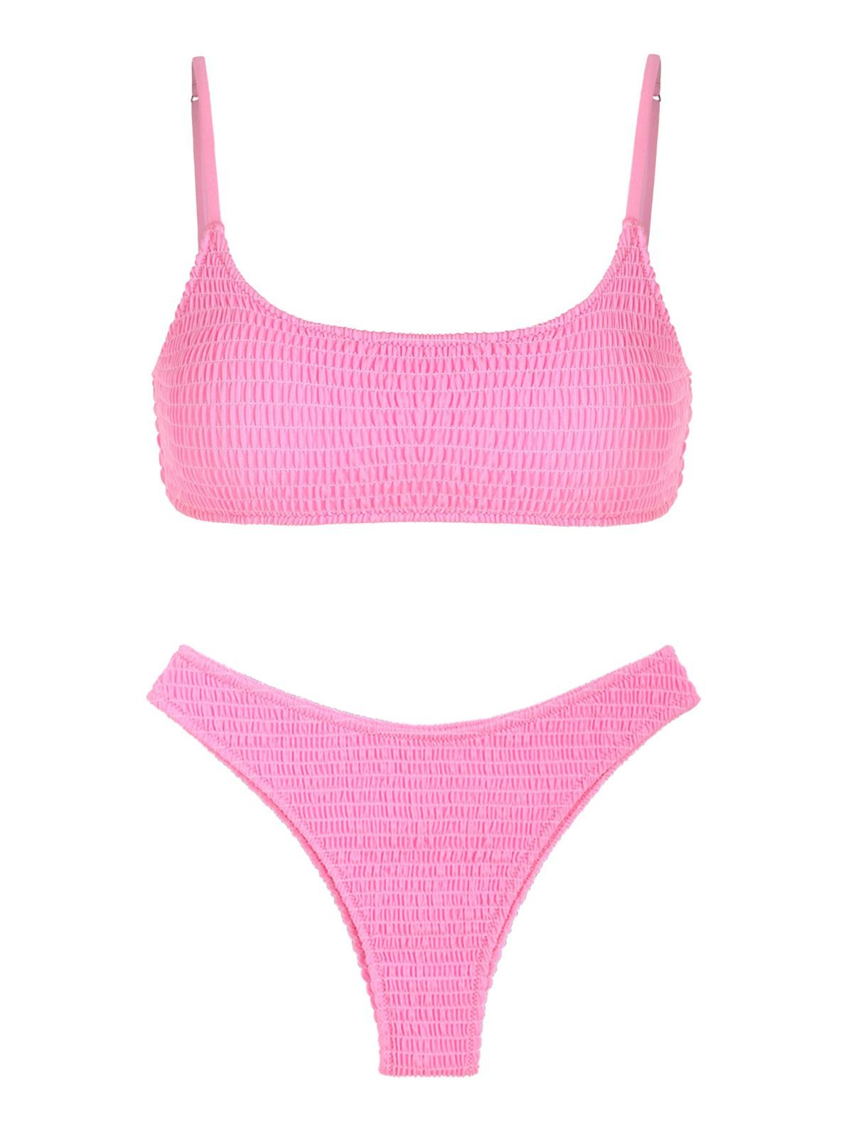 Tank Style Shirred Smocked Cheeky Bikini Set Light Pink melhores