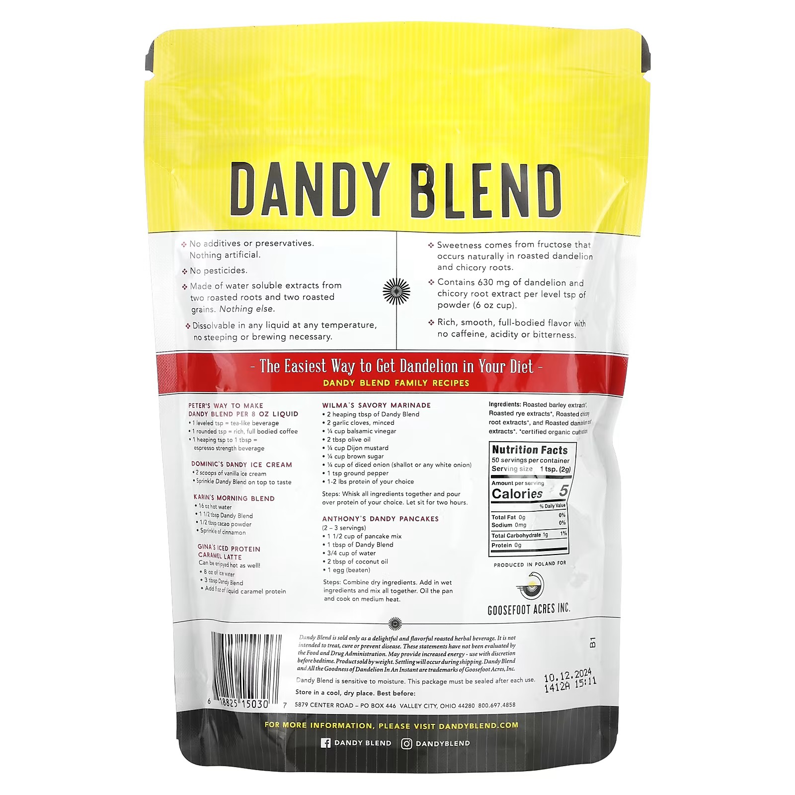 Dandy Blend, Organic Instant Herbal Beverage with Dandelion, Caffeine