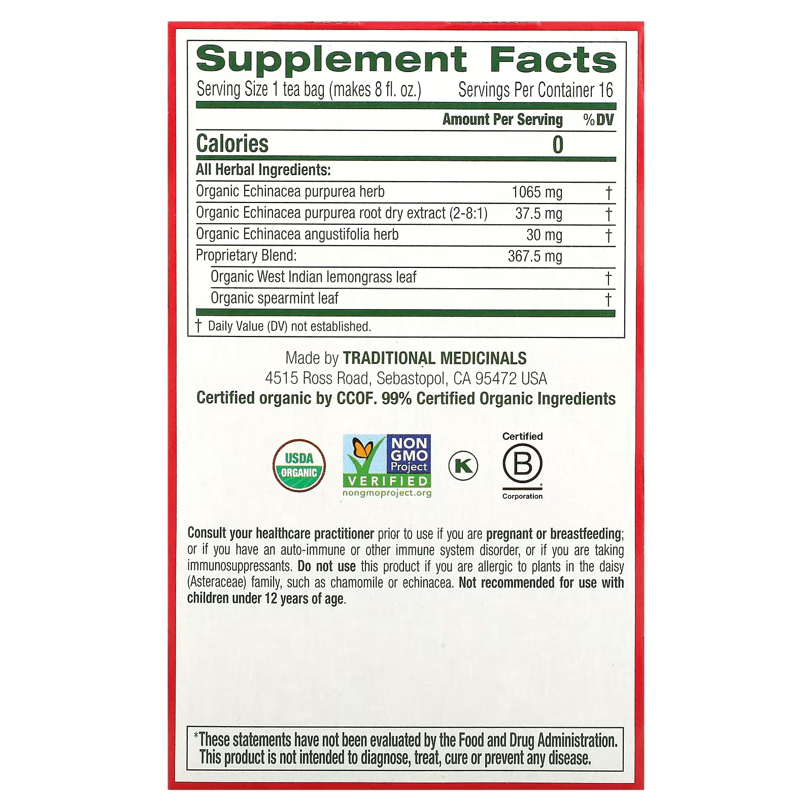 Traditional Medicinals, Organic Echinacea Plus, Original with Spearmint, Caffeine Free, 16