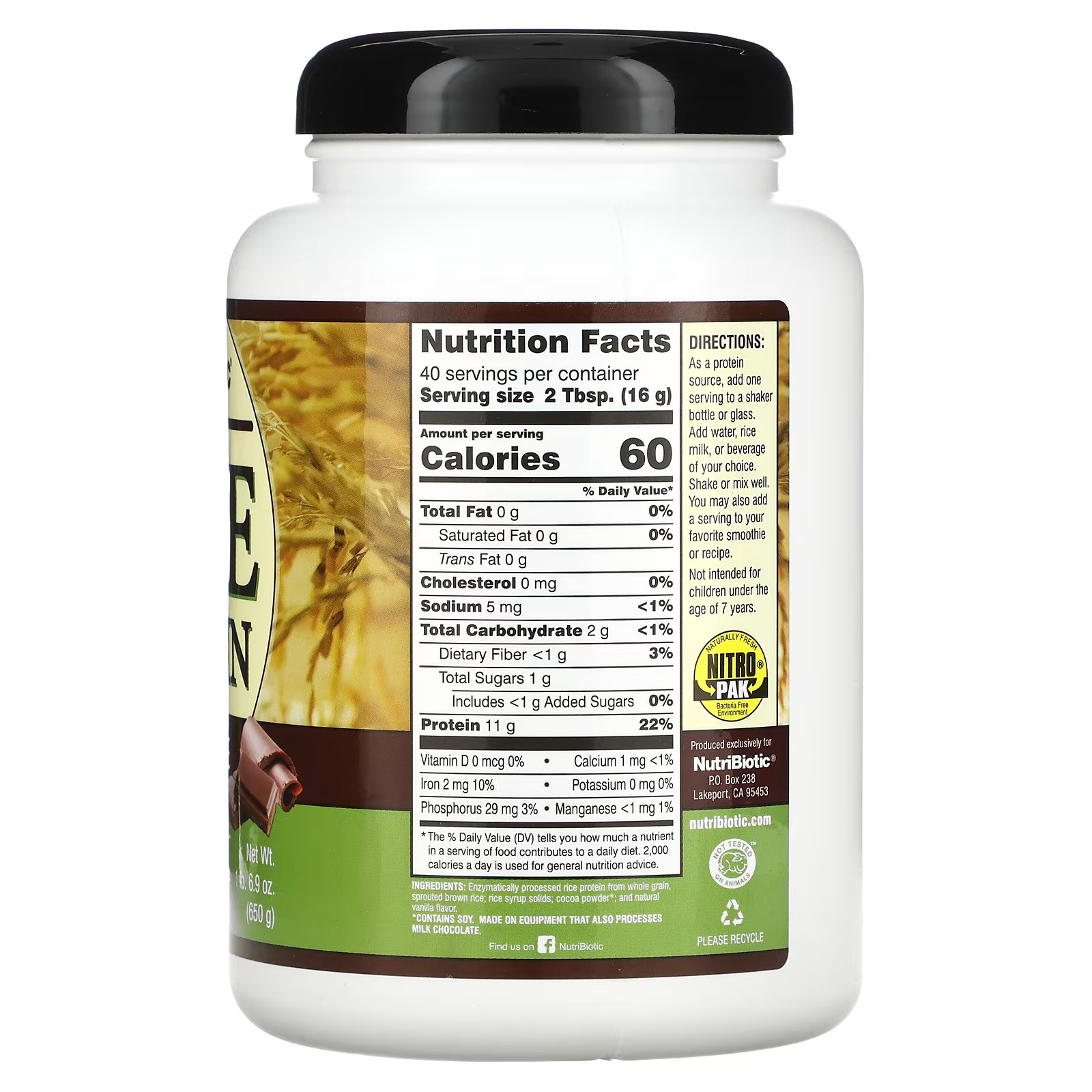 NutriBiotic, Raw Rice Protein, Chocolate, 1 lbs 6.9 oz (650 g) Best