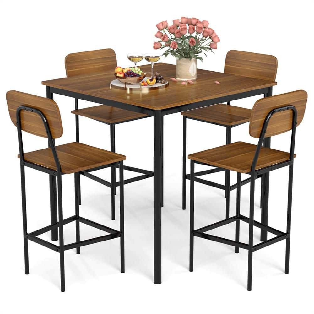5-Piece Square Walnut Industrial Wood Top Dining Table Set with Counter ...