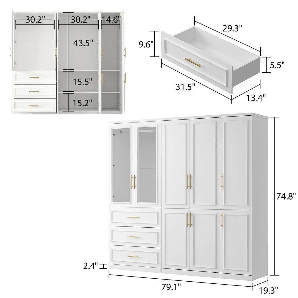 3-Combination White Wood 79.1 in. W 8-Door Big Armoires with Hanging ...