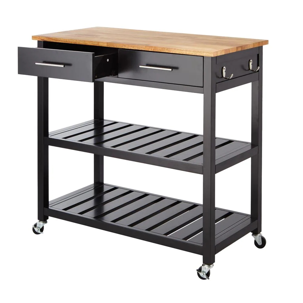 Glenville Black Rolling Kitchen Cart with Butcher Block Top, Double