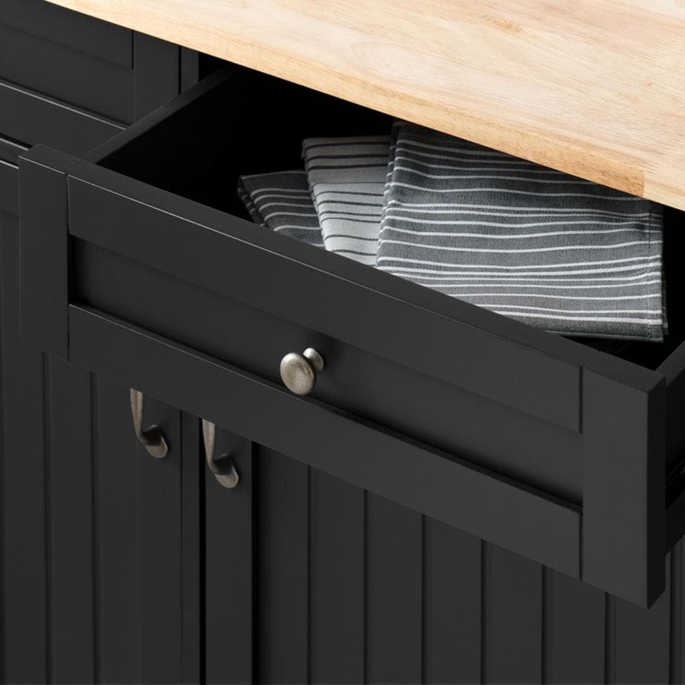 Bainport Black Wooden Rolling Kitchen Cart with Butcher Block Top and