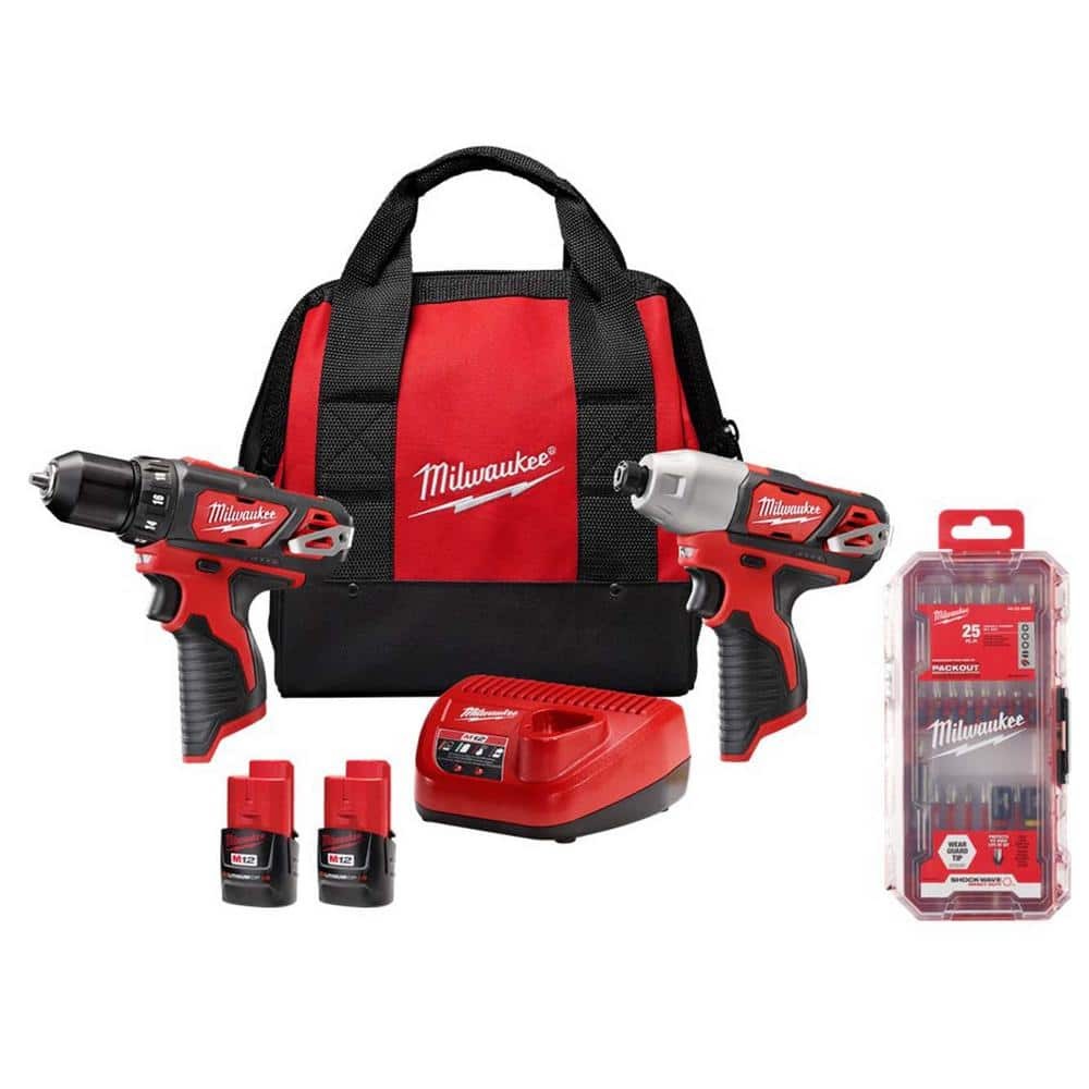 Milwaukee M12 12-Volt Lithium-Ion Cordless 2-Tool Combo Kit w/SHOCKWAVE Impact Duty Alloy Steel Screw Driver Bit Set (120-Piece)