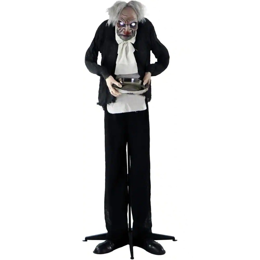 5 Ft Animatronic Moaning Butler Halloween Prop Silver Candy Tray Indoor Covered Outdoors