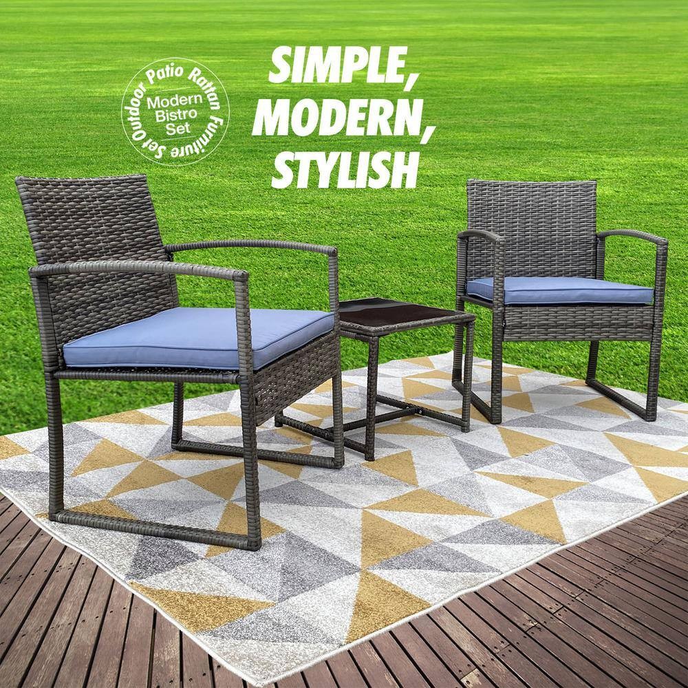 Pyramid Home Decor Vesso 3Piece Wicker Rattan Outdoor Patio Furniture Modern Bistro Set with