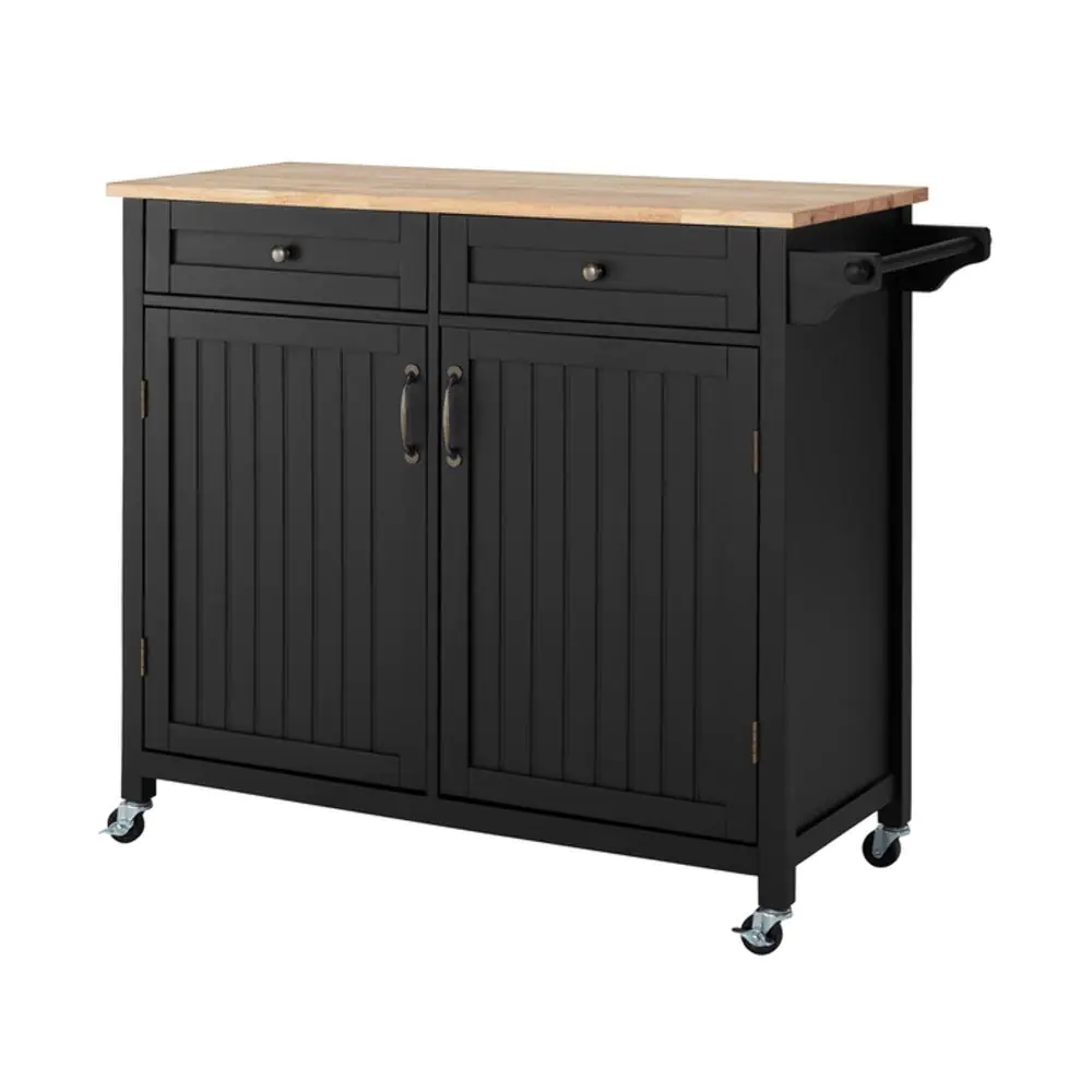 Bainport Black Wooden Rolling Kitchen Cart with Butcher Block Top and
