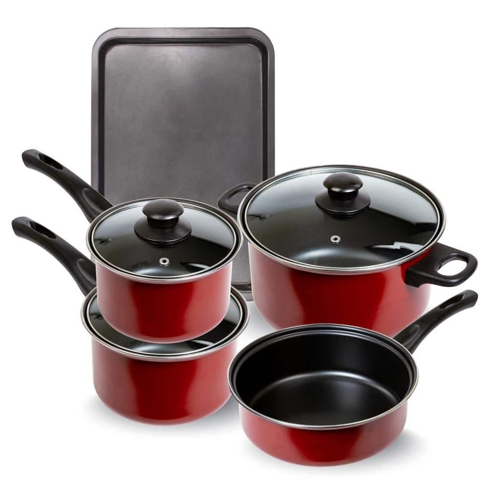 Martha Stewart Lockton Premium 10-Piece Enameled Heavy Gauge Aluminum Ceramic Nonstick Cookware Set in Red